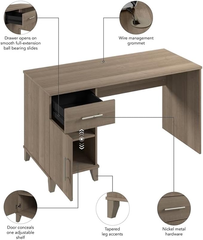 Bush Furniture Somerset 54W Office Desk with Drawer and Cabinet in Ash Gray, Computer Table with Storage for Home Office Workspace