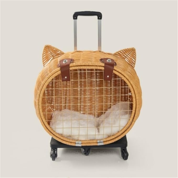 Rattan Cat Stroller with Wheels, Pet Portable Trolley Case, Breathable Cat Cage Trolley for Dog and Rabbit