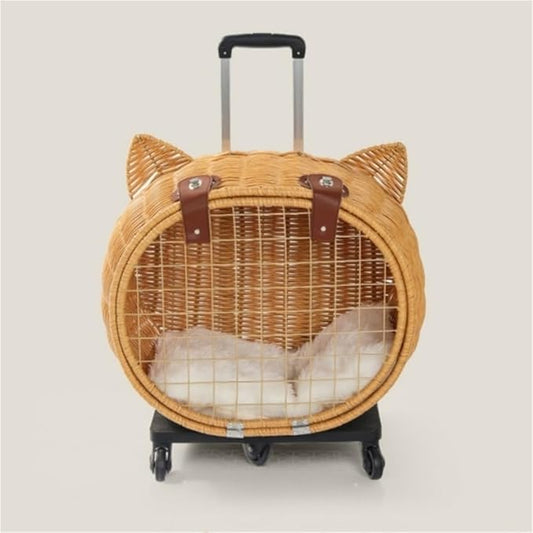 Rattan Cat Stroller with Wheels, Pet Portable Trolley Case, Breathable Cat Cage Trolley for Dog and Rabbit