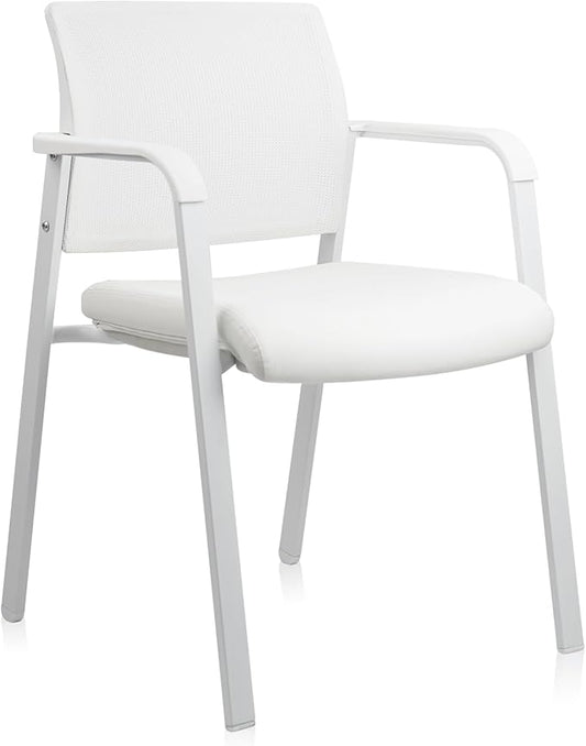 CLATINA Stacking Office Chairs | Mesh Back, Thicken Leather Seat and Streamline Arms, Ergonomic Lumber Support | Guest Reception, Waiting, Conference, School, Party, Customer, Side, Stationary, White