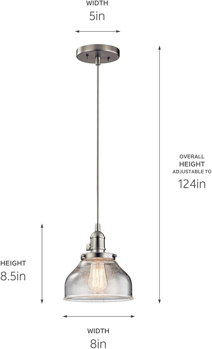 Kichler Avery 1-Light Bell Mini Pendant in Brushed Nickel, Clear Seeded Glass, (8.5" H x 8" DIA), 43850NI