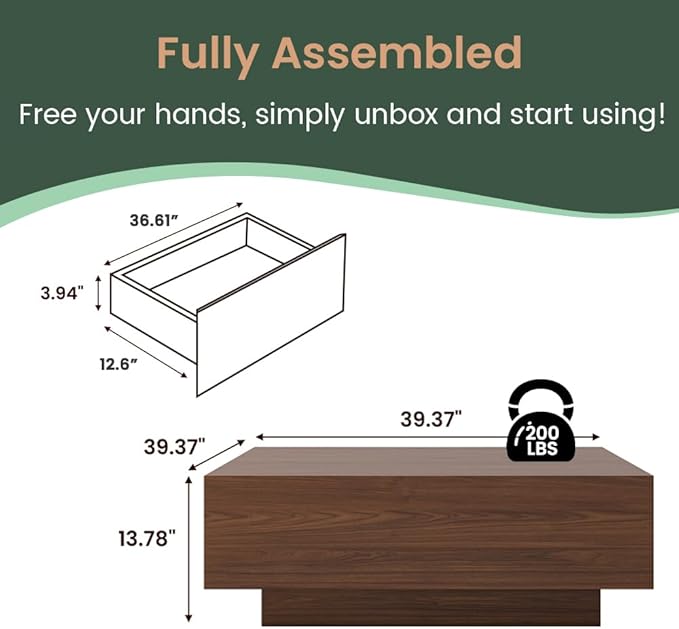 POVISON Modern Square Coffee Table with Storage, 39.37" Wood Coffee Table for Living Room Home Office, Fully-Assembled Walnut