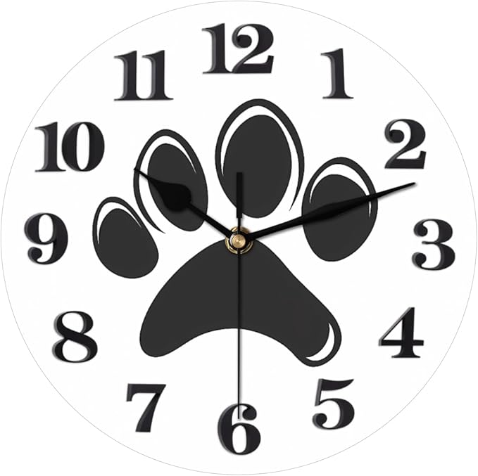 Cat Dog Paw Print Wall Clock Battery Operated 10 in Round Wall Clocks Slilent Non Ticking Quartz Analog Clock for Bedroom Kids Living Room Classroom Decor