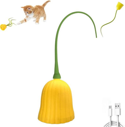 Interactive Electric Cat Teaser Wand Toys with Silicone Tail, Rechargeable Exercise Toy for Indoor Cats and Kittens (Yellow)