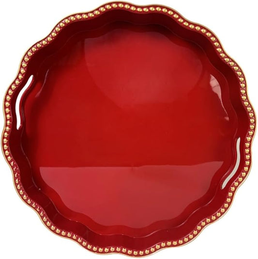 Red Decorative Tray for Coffee Table, Wavy Scallop Beaded Plastic Serving Tray forKitchen Counter, Ottoman, Living Room, (13")