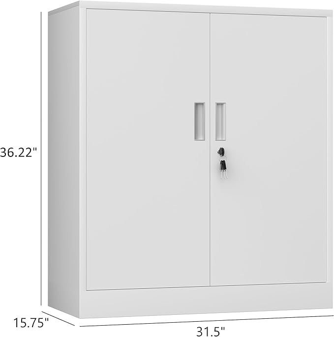 Metal Storage Cabinet with Locking Doors and 2 Adjustable Shelves, Small Lockable Storage Cabinet for Home Office Garage (White)