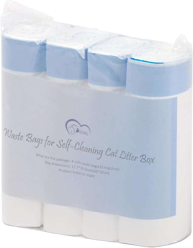 DOEL 60 Count Drawstring Cat Litter Bags for Most Auto Self-Cleaning Litter Box, Cat Litter Box Liners, Replaced Pet Waste Bags, 17.7"x19.7", White Blue (4 Rolls)
