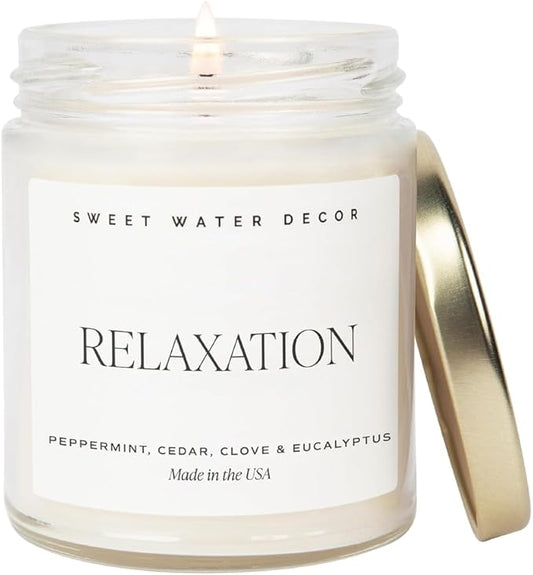 Sweet Water Decor Relaxation Candle - Soy Eucalyptus, Peppermint, and Clove Scented Spa Candles for Home - 9oz Clear Jar + Gold Lid, 40+ Hour Burn Time, Made in The USA