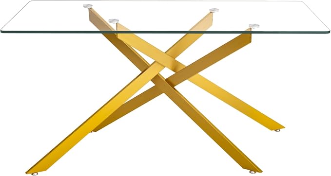 60" Glass Dining Table Modern Kitchen Table for 4-6 People, Contemporary Rectangular Dining Room Dinner Tables with Clear Glass Top & Gold Metal X Legs for Kitchen Apartment