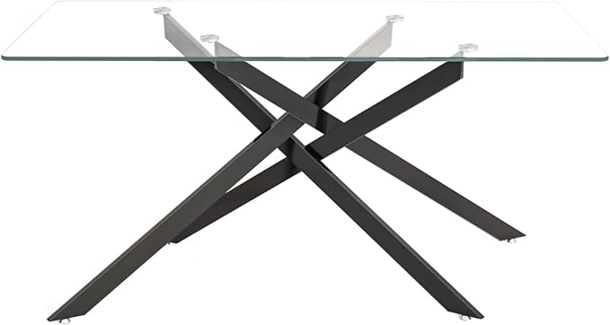 60" Glass Dining Table Modern Kitchen Table for 4-6 People, Contemporary Rectangular Dining Room Dinner Tables with Clear Glass Top & Black Metal X Legs for Kitchen Apartment