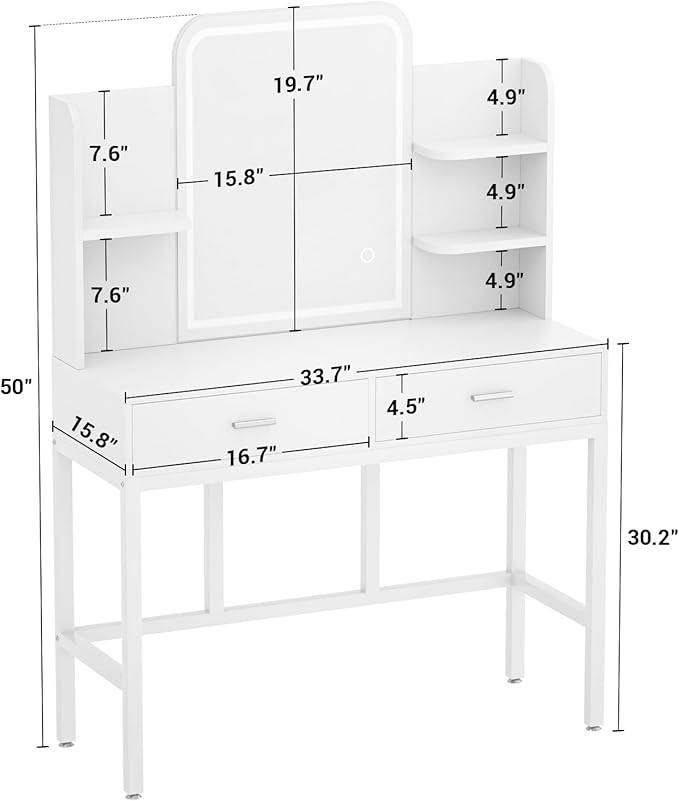 Armocity Vanity Desk with Mirror and Lights, Makeup Vanity with 2 Storage Drawers, Vanity Table Set with 3 Color Lighting Options, Modern Dressing Table with Storage Shelf for Bedroom, White