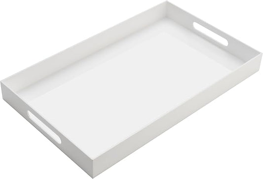 Glossy White Acrylic Serving Tray with Handles-Butler Trays for Coffee Table, Snacks,Breakfast in Bed, Kitchen Countertop,Vanity,Makeup Organizer,Ottoman (White, 12x20 Inches)