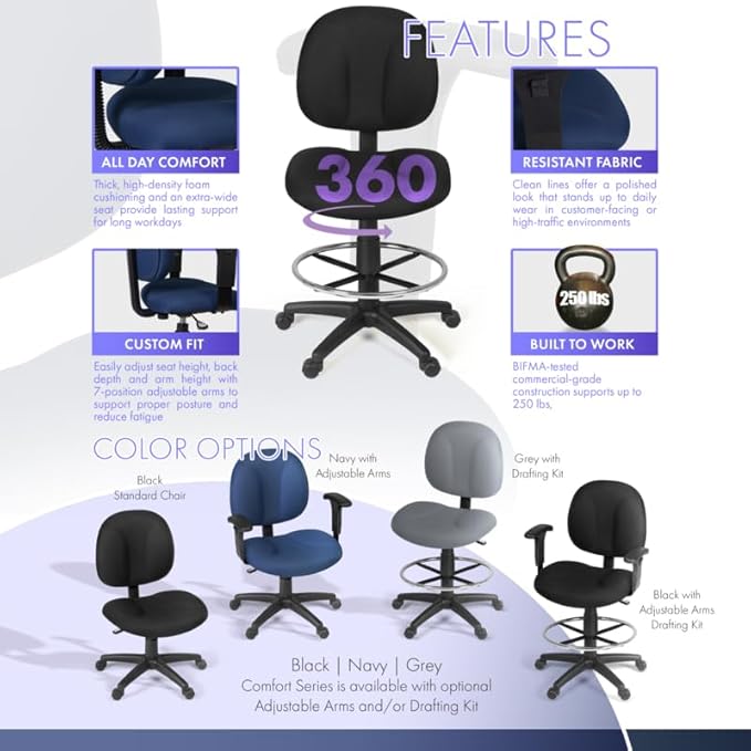 Romig Comfort Series Swivel Fabric Computer Task Chair with Drafting Kit - Black