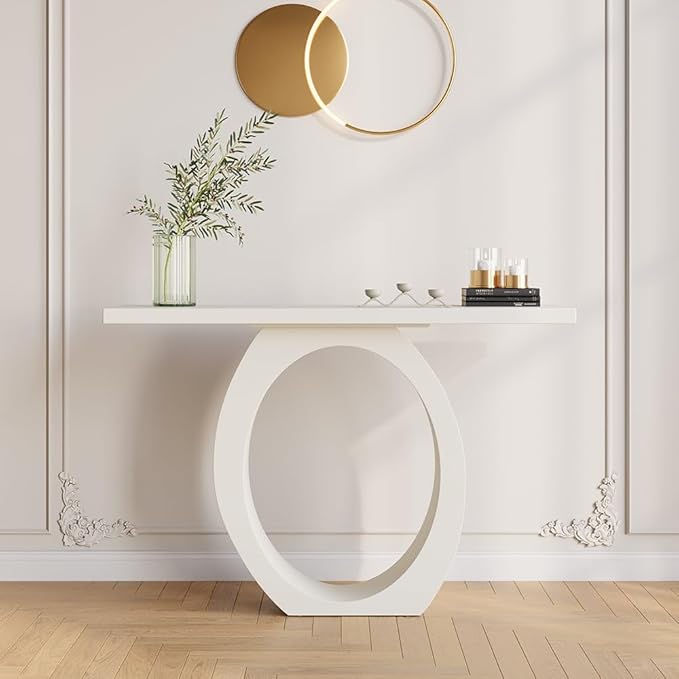 LOVEDIMA 39.4" Modern Entryway Console Table - Slim White Wooden Design with Circle Base, Space-Saving for Hallway, Living Room & Small Spaces (Easy Assembly) (White)