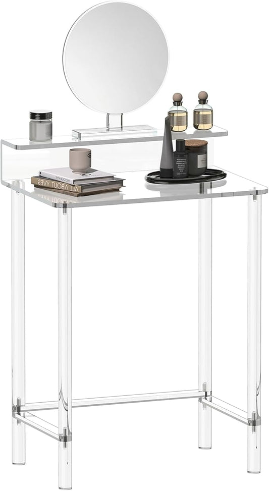Eglaf Acrylic Small Vanity with Mirror - 23.6'' L x 15.8'' W x 33.9'' H - Modern Makeup Vanity Desk for Small Spaces - Clear Makeup Table Dressing Table, for Bedroom, Cloakroom