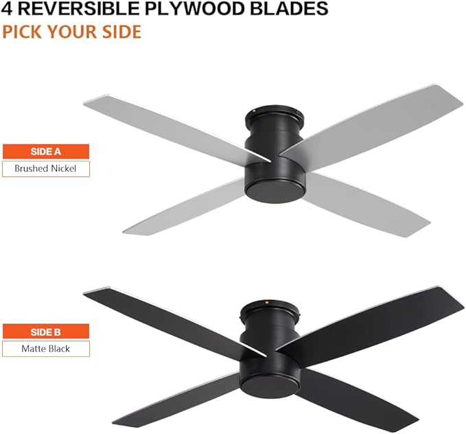 WINGBO 52" Flush Mount DC Ceiling Fan without Lights, 4 Reversible Blades, Ultra Quiet 6-Speed DC Motor, Hugger Low Profile Indoor Ceiling Fan No Lights, Matte Black Finish