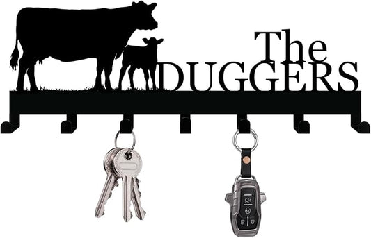 Personalized Key Holder with Name, Custom Metal Cattle Silhouette Key Rack Hanger, Wall Organizer with 7 Hooks for Entryway, Front Door, Hallway, Kitchen, Farmhouse Décor