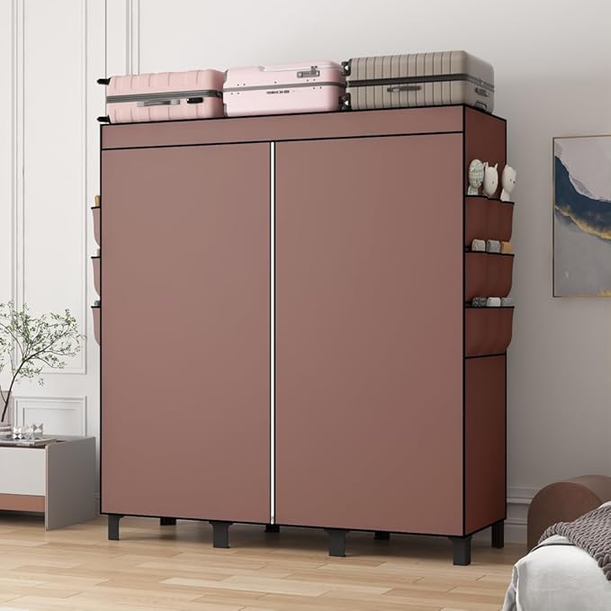 Portable Wardrobe, Clothes Organizer, Easy Hanger Wardrobe, Multiple Dividers and 3 Drawers, 6 Side Pockets Large Capacity (Coffee)