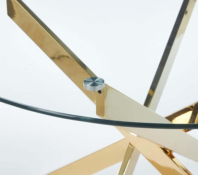 47.24" Round Dining Table for 6 8, Modern Clear Glass Kitchen Table for 6 with Gold X Metal Legs, Contemporary Circle Dining Room Leisure Tables for Kitchen Apartment