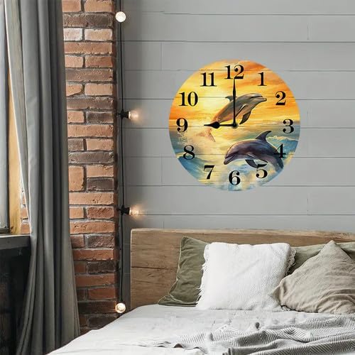 Wall Clock,Dolphin Kitchen Decor and Accessories, Decorative Battery Operated Clocks for Living Room Bedroom Bathroom Farmhouse, 10 Inch
