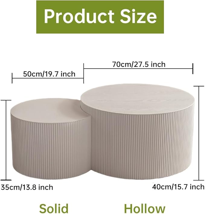 Round Nesting Coffee Table Set of 2, Round Fluted Coffee Tables for Living Room Modern Nesting End Side Tables for Small Spaces (C White)