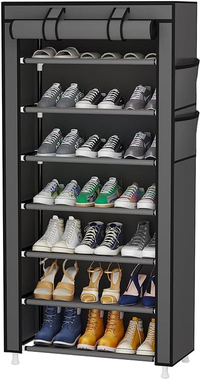 Calmootey 7 Tier Shoe Rack Organizer,Portable Shoe Shelf with Nonwoven Fabric Cover for Closet Hallway,Bedroom,Entryway,Grey