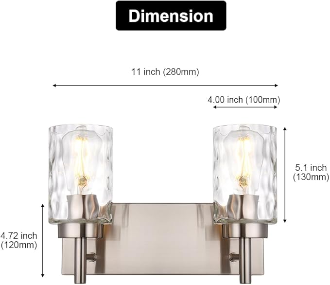 BONLICHT Bathroom Light Fixtures Modern 2 Light Brushed Nickel Vanity Light Wall Sconces Contemporary Metal Wall Lights with Clear Water Glass Shade,Industrial Farmhouse Porch Hallway Wall Mount Lamp
