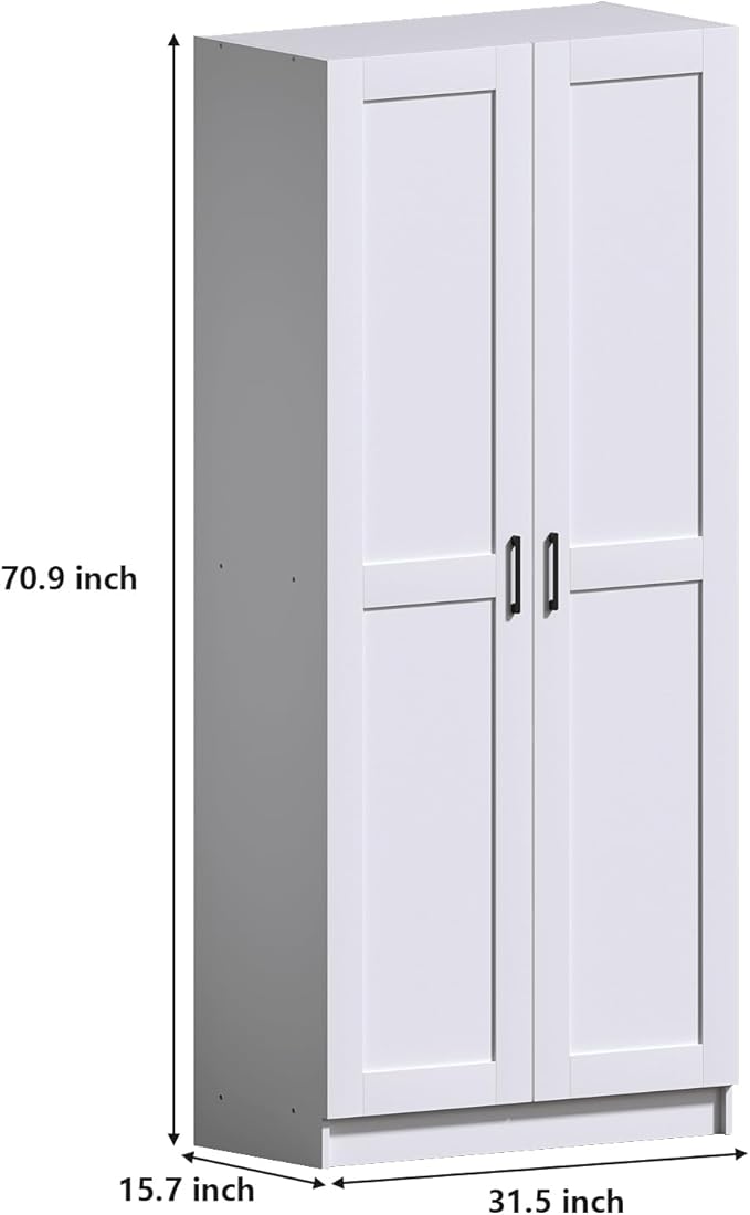 White Tall Kitchen Pantry Cabinet Organizers and Storage with Doors and Adjustable Shelves，Wood Large Gabinetes Para Cocina Office Bookshelf for Laundry Room Cabinets (31.5”W*15.7”D*71”H)