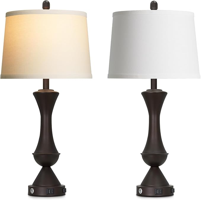 29" BrownTall Table Lamps for Living Room, Touch Control Bedroom Lamp with USB A+C Ports, 3-Way Dimmable Bedside Table Lamps Set of 2, Modern Metal Lamp for Nightstand