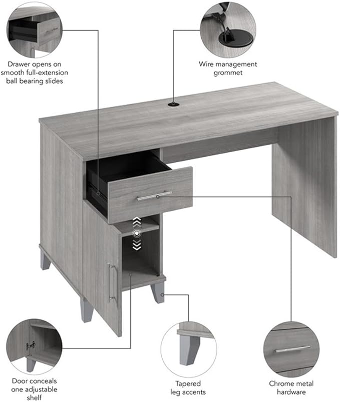 Bush Furniture Somerset 54W Office Desk with Drawer and Cabinet in Platinum Gray, Computer Table with Storage for Home Office Workspace