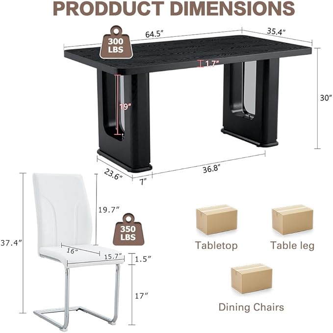 64.5" Black Dining Table Set for 6, Modern Kitchen Table and Chairs Set with PU Leather Cushioned Chairs & Decorative Pedestal Base, 7 Piece Wood Grain Dining Table Set for Dining Room or Kitchen
