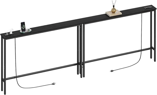 ELYKEN 94.5" Narrow Console Sofa Table with Power Outlet, 5.9'' Behind Couch Table with Charging Station, Long Entryway Tables for Living Room, Hallway, Black