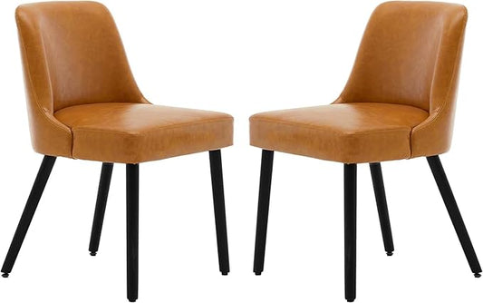 MINCETA Dining Chair,Morden Wood Leg Upholstered Kitchen Chair Set of 2,PU in Brown