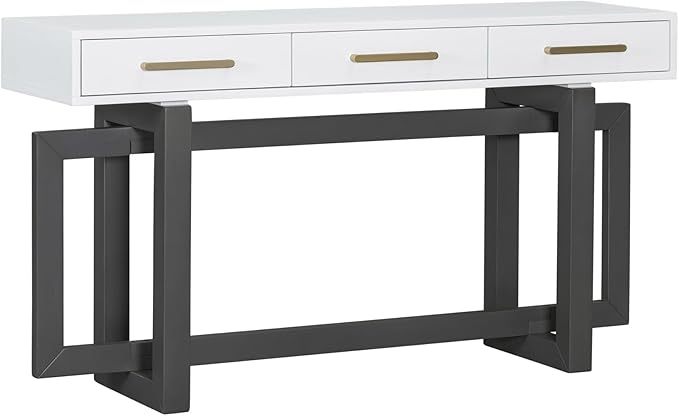 57” Console Sofa Table with 3 Storage Drawers, Modern Long Narrow Behind Couch Furniture for Living Room, Entryway, Foyer, Entrance, Hallway, Front Door, Corridor, Grey and White