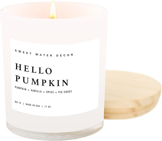 Sweet Water Decor Hello Pumpkin Candle - Fall Soy Candles with Pumpkin, Warm Spices, Vanilla and Buttery Pie Crust - Pumpkin Candles for Home with 50 Hours Burn Time - 11oz Wood Lid White Jar Candle
