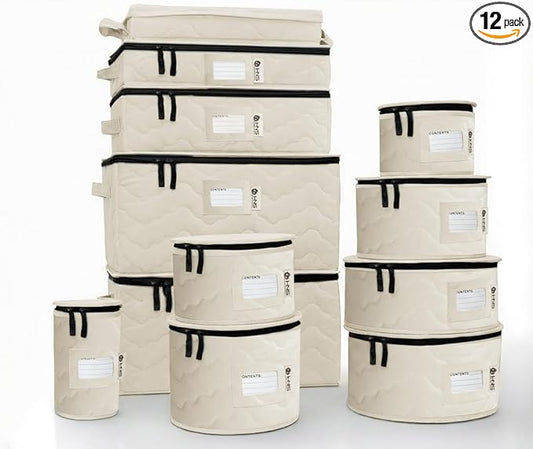 Hard Shell China Storage Containers 12-Piece Set Moving Boxes for Dinnerware, Glasses, Plates, Mugs and Saucers Sturdy Dish Organizer with Dividers for Seasonal Storage - Service for 12 -Beige Quilted