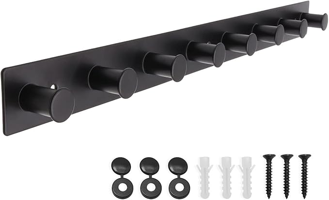 Coat Rack Wall Mounted, White Coat Hooks Screw in, Stainless Steel Door Hooks for Hanging Hat Towels Clothes, Hook Rail with 8 Round Hangers (Black, 8 Hooks)