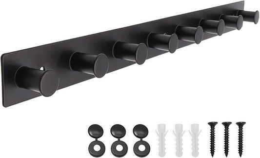 Coat Rack Wall Mounted, White Coat Hooks Screw in, Stainless Steel Door Hooks for Hanging Hat Towels Clothes, Hook Rail with 8 Round Hangers (Black, 8 Hooks)