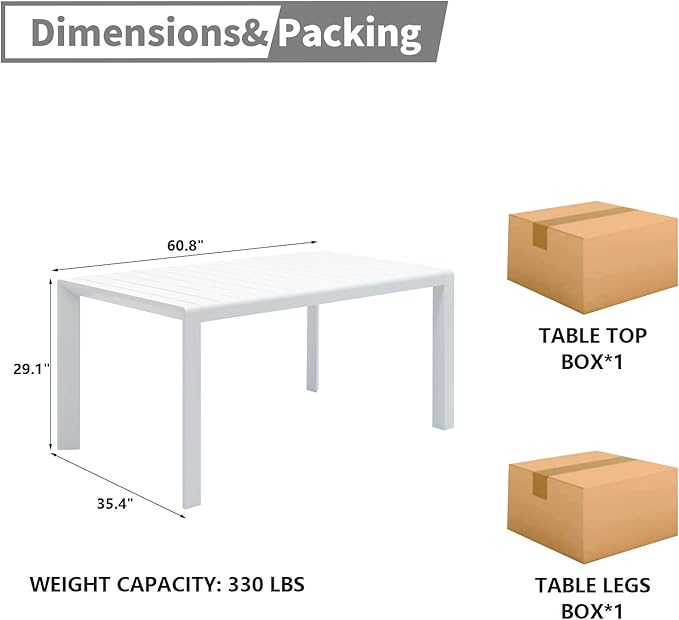 Outdoor Dining Table for 6, 60"x35" Patio Rectangular Dining Tables Powder-Coated Aluminum Table Top Heavy Duty Patio Furniture for Garden,White Frame