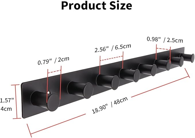 Coat Rack Wall Mounted, White Coat Hooks Screw in, Stainless Steel Door Hooks for Hanging Hat Towels Clothes, Hook Rail with 8 Round Hangers (Black, 8 Hooks)