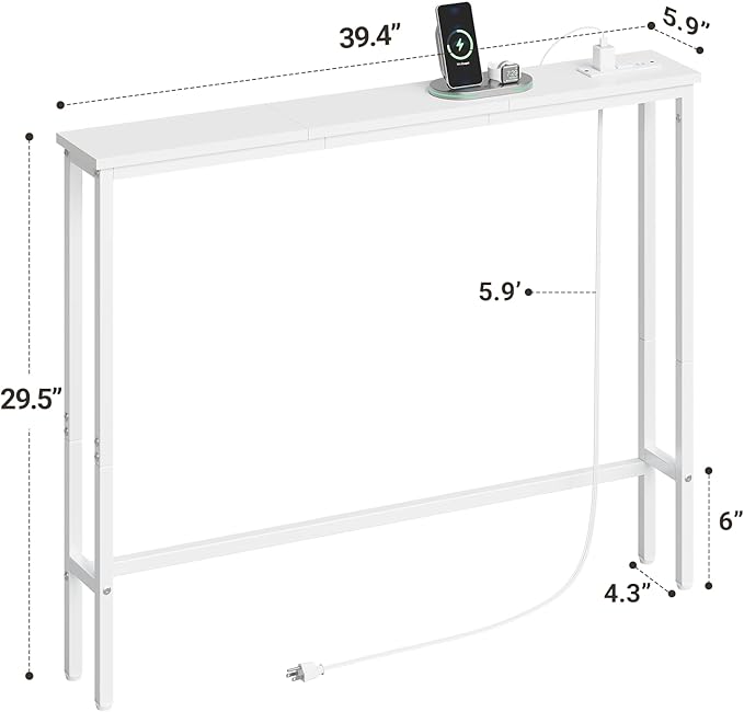 ELYKEN 5.9" Narrow Console Sofa Table with Power Outlets, Total 39.4” Long Behind Couch Table with Charge Station and 5.9’ Extension Cord for Living Room, 5.9" D x 39.4”W x 29.5”H, White