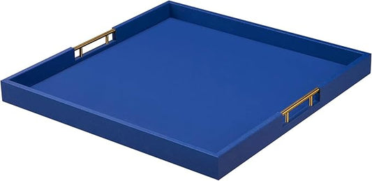 20x20 Inches Extra Large Blue Faux Leather Wrapped Wood Ottoman Tray with Handles for All Occasions, Serving Food Breakfast On Bed, Home Decor Decorative, Living Room,Square Coffee Table Organizer