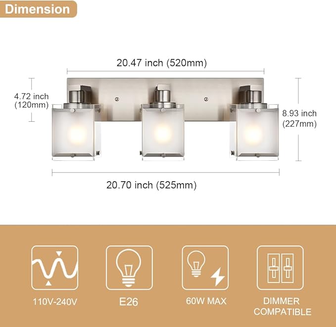 Modern 3-Lights Brushed Nickel Vanity Lights, Bathroom Light Fixture Over Mirror Wall Lighting Sconces with Frosted Glass Shades, E26 Bulb Base