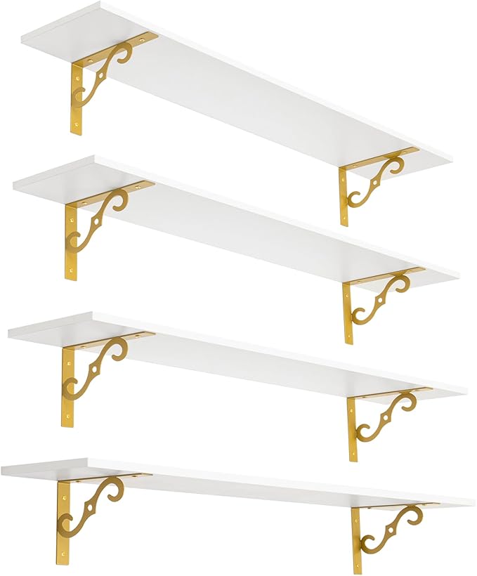 DINZI LVJ Long Wall Shelves, 47.3" Large Floating Shelves Set of 4, Farmhouse Display Shelf Wall Mounted with Heavy Duty Bracket, Easy Assembly for Kitchen, Bathroom, Bedroom, Balcony, White and Gold