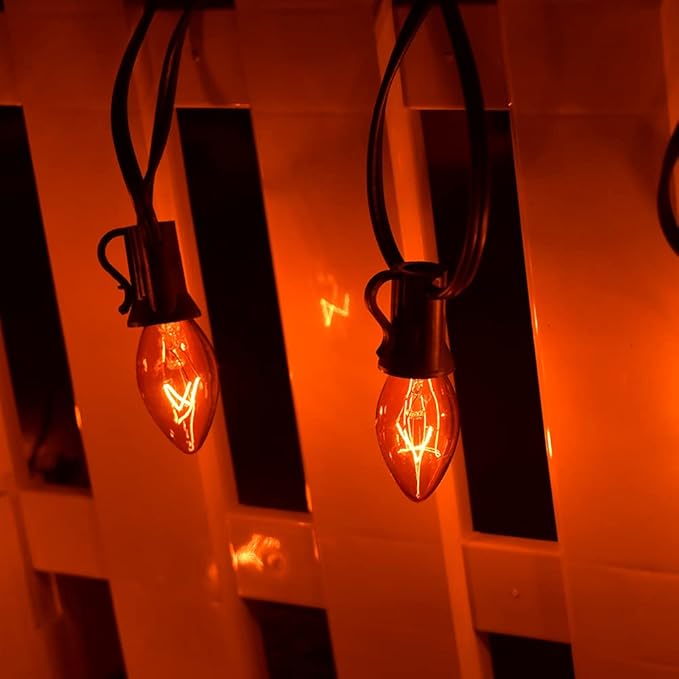 SUNSGNE C7 Orange Halloween Lights, 25Ft Outdoor String Lights with 27 Clear Orange Bulbs(2 Spare), Vintage Christmas Lights for Patio, Cafe, Party, Holiday, Christmas Decor- Black Wire
