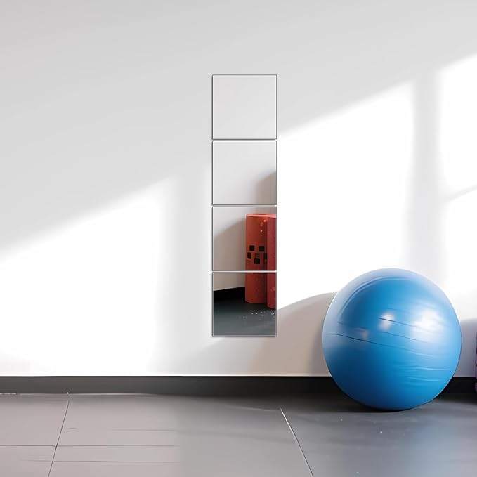 Ruomeng Full Length Wall Mirror Tiles - 10" x 10" x 4Pcs Frameless Full Body Mirror Tiles Wall Mounted Mirror for Home Gym Vanity Bedroom, Living Room
