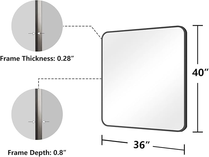 Koonmi Bathroom Mirror, 36X40 Brushed Black Rectangle Wall Mirror, HD Tempered Glass, Anti-Rust Frame Vanity Mirror, Rounded Rectangle Mirror for Restroom, Bedroom, Hangs Horizontal or Vertical