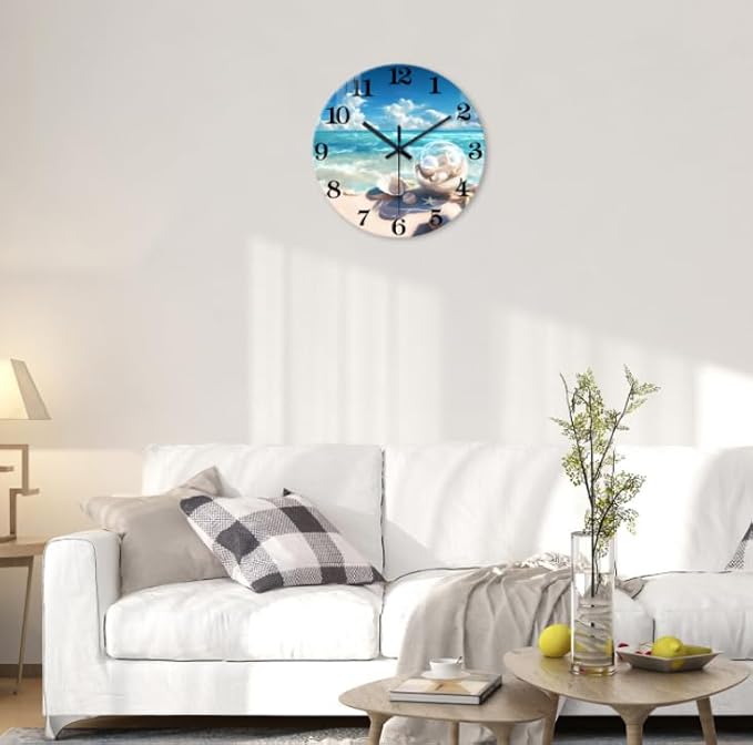 XNM Blue Round Office Wall Clock Large 16 Inch Beach Glass Clocks Battery Operated Silent Wall Clock Non Ticking