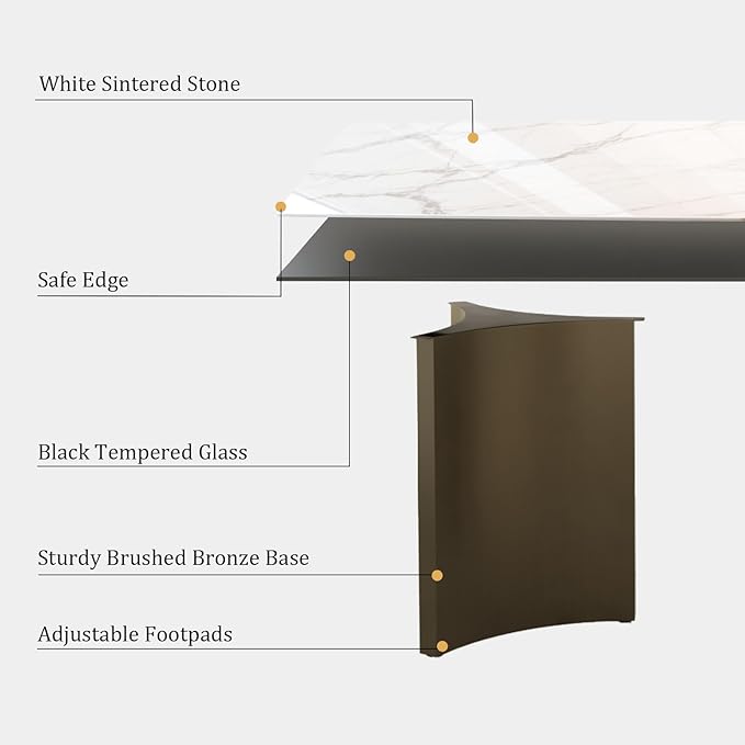 Modern Dining Table for 6, White Sintered Stone Dining Table Top with Brushed Bronze Stainless Steel Base, 70 inch Rectangle Dining Room Table for Home Restaurant (Only Table)