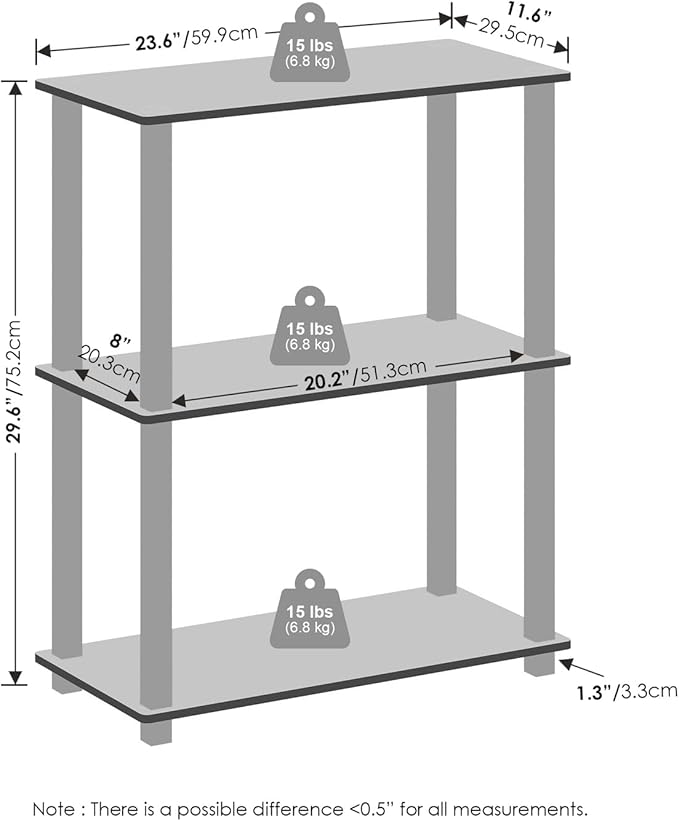 Furinno Turn-S-Tube Storage Shelves Set of 2, 3-Tier Book Shelf, Corner Shelf, Toolless Open Shelves, Square Tubes, for Organization and Storage, Living Room, Garage, Home Office, Amber Pine